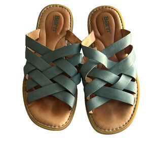 Born Sandals Women's Size 8 Teal Criss-Cross Woven Leather Straps Flat Slides